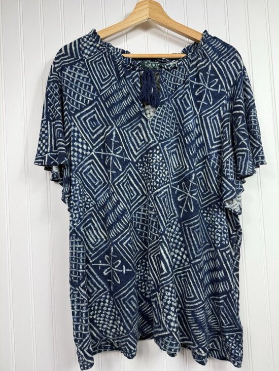 Lauren Ralph Lauren Tops - Lauren Ralph Lauren Linen Blend Tie Neck Flutter Sleeve Top Sz 1X Blue White
